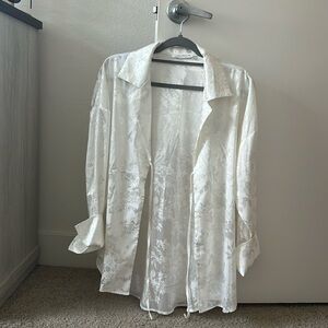 Satin/silk material tie in the front long sleeve blouse